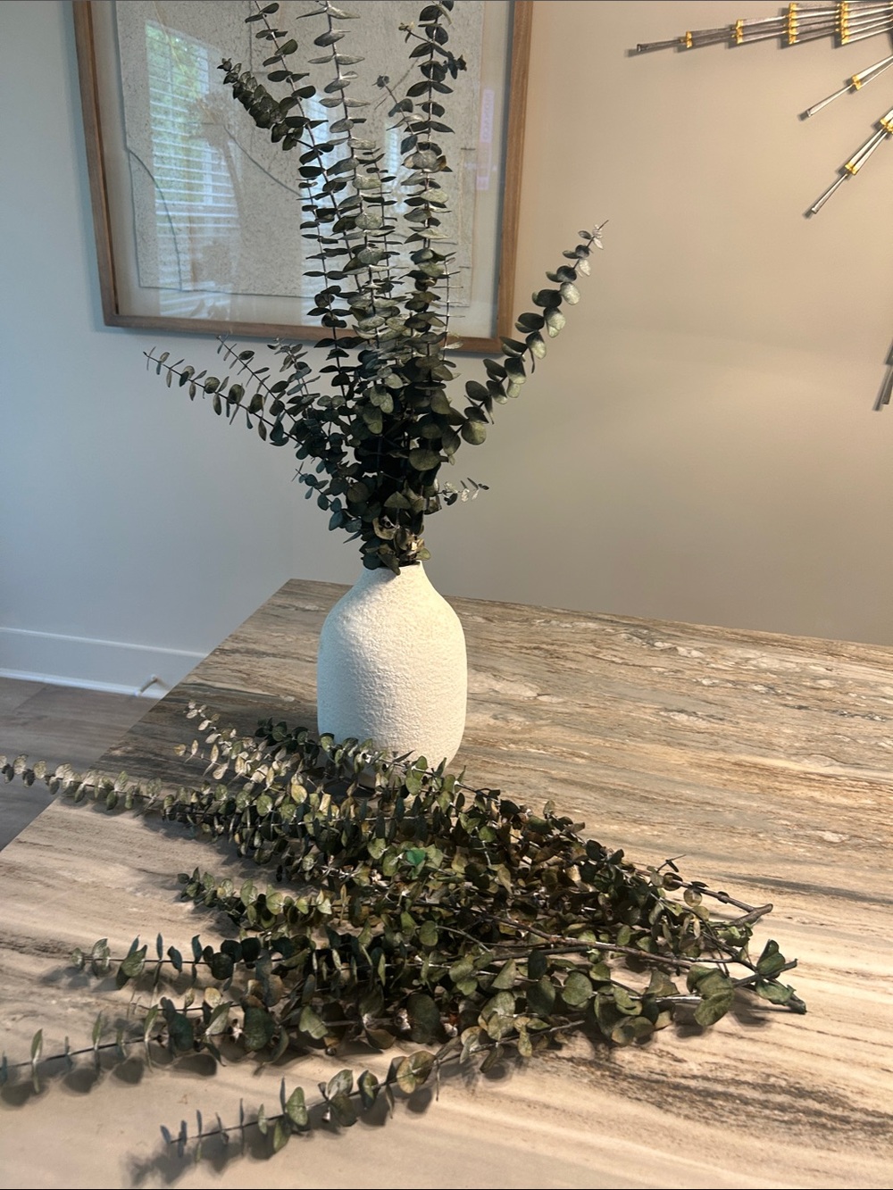 White Textured Ceramic Vase with Real Green Eucalyptus Stems beautiful scent EUC